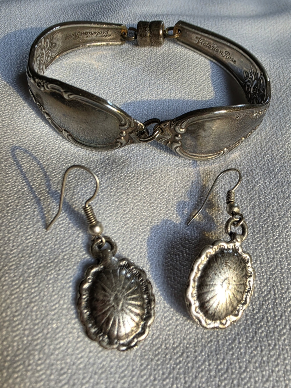 Victorian Rose Style Spoon Bracelet and Earrings Set - Silver
